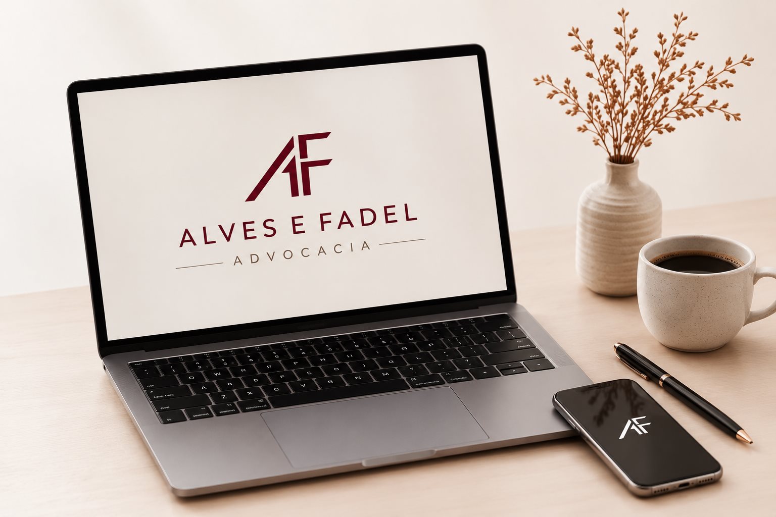Notebook com o site do Alves e Fadel Advocacia aberto na tela